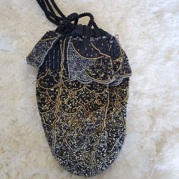 Vintage Black & Golf Beaded Draw String Hand Bag - Picture 4 of 8